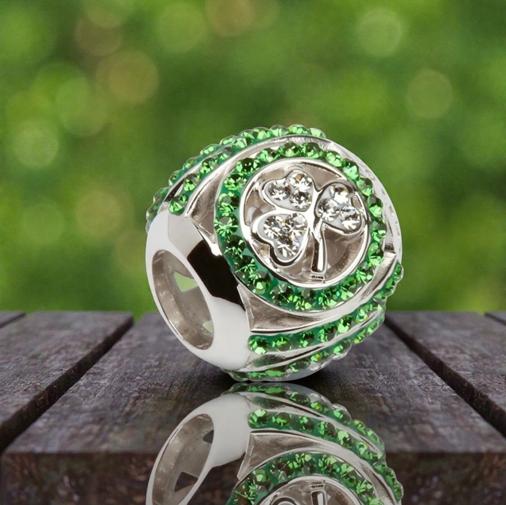 Tara's Diary Sterling Silver Shamrock Bead Charm With Swarovski Crystals